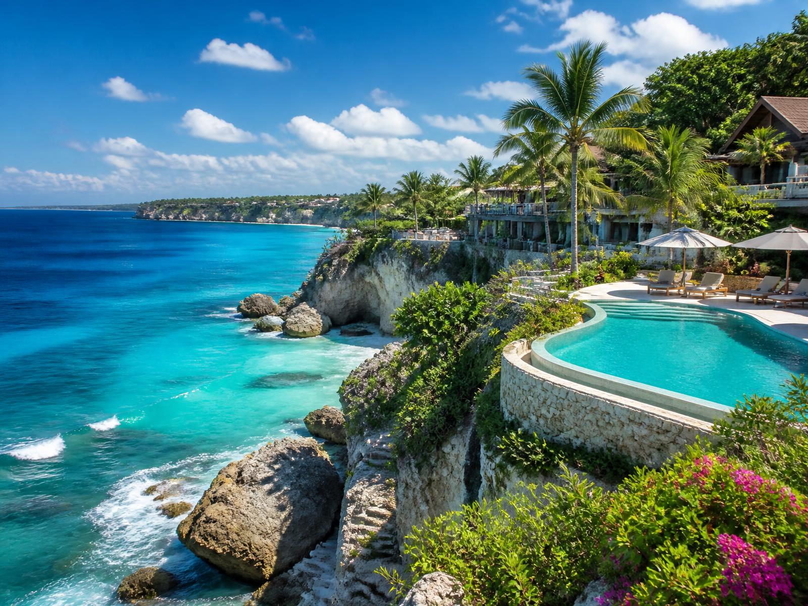 Tropical coastline with turquoise water and palm trees